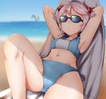  1girl ahoge armpits beach bikini blue_bikini blue_sky commentary_request cowboy_shot frilled_bikini frills groin hair_bobbles hair_ornament hammock highres horizon kantai_collection navel ocean pink_hair rainysnowy108 reclining sazanami_(kantai_collection) short_hair side-tie_bikini sky solo sunglasses swimsuit twintails when_you_see_it 