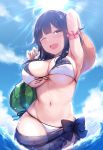  1girl ;d ahoge arm_behind_head arm_garter arm_up armpits bare_shoulders bikini blue_hair blue_sky blush breasts brown_headwear cai_geng cleavage cloud cloudy_sky day food front-tie_bikini front-tie_top fruit hand_up headwear_removed kantai_collection large_breasts long_hair looking_at_viewer navel one_eye_closed open_mouth outdoors red_eyes sarong see-through side-tie_bikini sky smile solo stomach sun sunlight swimsuit taigei_(kantai_collection) wading water watermelon wet white_bikini 