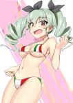  1girl absurdres anchovy armpit_peek bikini blush breasts brown_eyes collarbone drill_hair eyebrows_visible_through_hair girls_und_panzer green_hair groin hair_ornament hair_ribbon highres italian_flag_bikini large_breasts looking_at_viewer looking_down medium_hair navel open_mouth ribbon shiny shiny_hair shiny_skin simple_background solo standing swimsuit swimwear tessa_(pekopekochan) tongue twin_drills twintails 