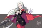 1girl absurdres axe bird blonde_hair blue_eyes cape cravat eagle edelgard_von_hresvelg fire_emblem fire_emblem:_three_houses gloves hair_ornament hair_ribbon highres holding holding_axe holding_weapon long_hair looking_at_viewer outstretched_arm pantyhose red_cape red_legwear ribbon simple_background sixteen_minus_seven smile solo symbol translation_request two-tone_background uniform weapon white_background white_gloves 