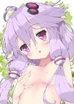  1girl antenna_hair bangs blush breasts chestnut_mouth clover collarbone commentary_request covering covering_one_breast eyebrows_visible_through_hair hair_between_eyes hair_censor hair_ornament hair_over_one_breast head_tilt highres long_hair milkpanda parted_lips purple_eyes purple_hair sidelocks small_breasts solo sweat upper_body upper_teeth voiceroid white_background yuzuki_yukari 