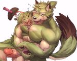  5:4 5_fingers anthro balls blush brown_nipples canid canine canis eyebrows fingers fur green_fur hands-free_bubble_tea hi_res kemono male mammal meme monogg muscular muscular_male nipples pawpads pecs penis ponytail solo tan_fur vein veiny_penis wolf 