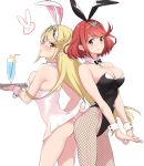  2girls :t alternate_costume animal_ears ass bangs bare_shoulders black_bow black_hairband black_leotard black_neckwear blush bow bowtie breasts bunny_ears bunny_tail bunnysuit cleavage closed_mouth cowboy_shot cup detached_collar dress drink drinking_glass drinking_straw dual_persona earrings emerald_(gemstone) eyebrows_visible_through_hair fake_animal_ears fake_tail fishnet_pantyhose fishnets gem hairband highleg highleg_leotard hikari_(xenoblade_2) holding holding_tray homura_(xenoblade_2) jewelry ksmxnb2 leotard long_hair looking_at_viewer medium_breasts multiple_girls nose_blush orange_eyes own_hands_together panties pantyhose pantyshot pantyshot_(standing) pink_panties pout red_eyes red_hair sideboob simple_background smile standing straight_hair strapless strapless_dress strapless_leotard sweat swept_bangs tail thighs tray underwear upskirt very_long_hair white_background white_hairband wrist_cuffs xenoblade_(series) xenoblade_2 