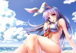 1girl animal_ears bare_shoulders beach between_breasts bikini blue_sky blush breasts bunny_ears cleavage cloud cloudy_sky collarbone commentary commentary_request day eating eyebrows_visible_through_hair food food_in_mouth kamajey large_breasts lavender_bikini lavender_hair long_hair looking_at_viewer mochi navel necktie necktie_between_breasts ocean outdoors red_eyes reisen_udongein_inaba rice side-tie_bikini sky solo swimsuit touhou very_long_hair 