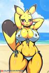  2019 absurd_res anthro big_breasts bikini breasts clothed clothing female fur hi_res lollipopcon mammal nintendo open_mouth pikachu pok&eacute;mon pok&eacute;mon_(species) solo squirtle swimwear thick_thighs video_games yellow_fur 