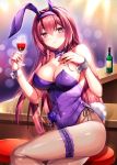  1girl alcohol animal_ears bar bar_stool bare_shoulders blush bottle bow breasts bunny_day bunny_ears bunny_girl bunny_tail bunnysuit cleavage cup detached_collar drinking_glass fake_animal_ears fate/grand_order fate_(series) fukase_ayaka indoors leg_garter leotard long_hair looking_at_viewer pantyhose scathach_(fate)_(all) scathach_(fate/grand_order) sitting smile solo stool tail wine wine_bottle wine_glass wrist_cuffs 