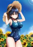  1girl absurdres blue_sky blue_swimsuit blush breasts closed_mouth cloud covered_navel flower gradient_sky hair_between_eyes hat highres kantai_collection large_breasts long_hair looking_at_viewer nakura_haru polka_dot polka_dot_swimsuit remodel_(kantai_collection) rural school_swimsuit sky solo straw_hat summer sun sunflower sunlight swimsuit ushio_(kantai_collection) 