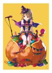  1girl arms_at_sides bangs bare_shoulders bat bat_ornament bat_wings bow bowtie brown_eyes buttons candy capelet commentary drill_hair earrings eyebrows_visible_through_hair food frown giant_food halloween halloween_costume hat hat_bow highres idol idolmaster idolmaster_cinderella_girls jack-o&#039;-lantern jelly_bean jewelry light_brown_hair lollipop long_hair looking_away looking_to_the_side microphone microphone_stand mini_hat morikubo_nono okeno_kamoku on_food orange_bow oversized_object parted_lips puffy_shorts pumpkin pumpkin_shorts red_neckwear ringlets shorts signature simple_background sitting solo stud_earrings sweatdrop wings witch_hat wrapped_candy yellow_background 
