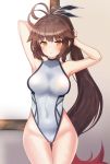  1girl absurdres alternate_hairstyle antenna_hair arms_behind_head arms_up ass_visible_through_thighs bangs breasts brown_hair competition_swimsuit covered_navel cowboy_shot finesoda girls_frontline hair_ornament highleg highleg_swimsuit highres indoors large_breasts long_hair looking_at_viewer m14_(girls_frontline) one-piece_swimsuit ponytail solo swimsuit thigh_gap turtleneck white_swimsuit window yellow_eyes 