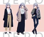  1girl :d arm_up bangs black_footwear black_shirt black_skirt blue_pants blush boots brown_jacket brown_pants closed_mouth clothes_writing derodero eyebrows_visible_through_hair grey_jacket hair_between_eyes hand_in_pocket hands_together head_tilt high_heel_boots high_heels higuchi_kaede interlocked_fingers jacket long_hair long_skirt long_sleeves multiple_views nijisanji open_clothes open_jacket open_mouth own_hands_together pants ponytail ribbed_shirt sandals shirt shoes sidelocks silver_hair skirt sleeves_past_wrists smile sneakers very_long_hair virtual_youtuber white_shirt yamabukiiro 