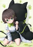  1girl :o bangs black_skirt blouse bow bowtie brown_hair drill_hair ekusufeito eyebrows_visible_through_hair glasses green_bow green_eyes green_neckwear grey_legwear hair_ornament head_tilt highres honkai_(series) honkai_impact_3rd kneehighs kneeling long_sleeves miniskirt no_shoes off_shoulder parted_lips paw_pose paw_print pencil_skirt round_eyewear schrodinger_(honkai_impact) shadow short_hair short_hair_with_long_locks side_drill signature skirt socks solo stuffed_animal stuffed_cat stuffed_toy white_blouse white_coat younger 