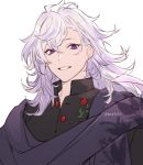  1boy black_shirt camelot_&amp;_co close-up earrings fate/grand_order fate_(series) highres jewelry long_hair male_focus merlin_(fate) purple_eyes purple_scarf scarf shirt silver_hair simple_background smile solo twitter_username upper_body white_background 