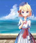  1girl ame. arm_behind_back azur_lane bangs beret blonde_hair blue_headwear blue_sailor_collar blue_sky blush boots bow closed_mouth cloud collarbone commentary_request day eyebrows_visible_through_hair frills hand_up hat highres horizon iron_cross ocean outdoors pink_bow pleated_skirt purple_eyes sailor_collar school_uniform serafuku shirt skirt sky smile solo standing stone_wall tilted_headwear wall water white_footwear white_shirt white_skirt z23_(azur_lane) 