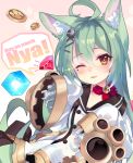  1girl :3 ;3 ahoge akashi_(azur_lane) animal_ear_fluff animal_ears azur_lane bangs bell black_sailor_collar blush bow bowtie cat_ears cat_girl coin commentary_request cowboy_shot double-breasted eyebrows_visible_through_hair gem green_hair hair_between_eyes jingle_bell long_hair mental_cube_(azur_lane) neck_bell one_eye_closed paw_print red_bow sailor_collar shirokitsune sidelocks sleeves_past_fingers sleeves_past_wrists solo sparkle tareme very_long_hair wrench yellow_eyes 