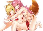  2girls absurdres ahoge animal_ear_fluff animal_ears bangs bare_shoulders barefoot bikini blonde_hair blue_bikini blush breasts cleavage collarbone commentary_request criss-cross_halter fate/grand_order fate_(series) fox_ears fox_girl fox_tail green_eyes grin hair_between_eyes hair_intakes halterneck highres kou_mashiro large_breasts long_hair looking_at_viewer multiple_girls navel nero_claudius_(fate)_(all) nero_claudius_(swimsuit_caster)_(fate) one_eye_closed open_mouth pink_hair red_bikini side-tie_bikini simple_background sitting smile striped striped_bikini swimsuit tail tamamo_(fate)_(all) tamamo_no_mae_(swimsuit_lancer)_(fate) thighs v white_background yellow_eyes 