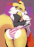  anthro areola breasts butt clothing digimon digimon_(species) female fur hi_res looking_back panties renamon simple_background solo thick_thighs underwear weskers 