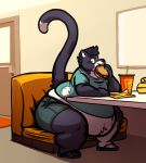  anthro belly big_belly big_butt black_fur burger butt chubby_cheeks clothed clothing domestic_cat eating felid feline felis flip_flops food footwear fur holding_food holding_object inside joebluefox male mammal obese obese_male open_mouth overweight overweight_male sandals sitting solo thick_thighs torn_clothing 
