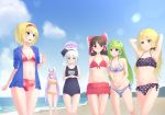  6+girls absurdres alice_margatroid alternate_costume animal_ears arm_grab arm_up arms_behind_head bangs beach bikini bikini_skirt black_bikini blonde_hair blue_eyes blue_jacket blue_sky blurry blush bob_cut bow braid breasts brown_eyes brown_hair bunny_ears character_name cloud collarbone commentary_request contemporary day depth_of_field embarrassed expressionless eyebrows_visible_through_hair feet_out_of_frame floral_print frilled_bikini frills frog_hair_ornament front-tie_bikini front-tie_top frown green_eyes grin hair_bow hair_ornament hair_ribbon hair_tubes hairband hakurei_reimu hand_in_hair hands_on_own_chest highres holding_hands jacket kanpa_(campagne_9) kirisame_marisa kochiya_sanae konpaku_youmu konpaku_youmu_(ghost) lavender_hair leaning_forward lens_flare lolita_hairband long_hair looking_at_another looking_at_viewer looking_to_the_side medium_breasts mountain multiple_girls name_tag navel ocean old_school_swimsuit open_clothes open_jacket open_mouth orange_bikini outdoors own_hands_together pink_bikini_top polka_dot polka_dot_bikini red_bikini red_eyes reisen_udongein_inaba ribbon school_swimsuit short_hair side-tie_bikini sideways_glance silver_hair single_braid sky small_breasts smile standing striped striped_bikini swimsuit touhou upper_teeth very_long_hair yellow_eyes 