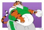  anthro belly belly_jiggle big_belly claws clothed clothing duly_noted felid fur hand_on_stomach holding_object licking licking_lips male mammal milk moobs obese obese_male orange_fur overweight overweight_male pantherine solo standing striped_fur stripes thick_thighs tiger tongue tongue_out torn_clothing weight_gain white_fur 