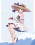  1girl alternate_costume bird brown_eyes brown_hair collarbone commentary_request curry curry_rice dress emia_wang flat_chest flower food full_body hat headgear headset kantai_collection mouth_hold open_toe_shoes rice seagull short_hair sitting sleeveless sleeveless_dress solo speaking_tube_headset spoon straw_hat sun_hat sundress sunflower waves white_dress yukikaze_(kantai_collection) 