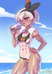  1girl abs bandages bikini black_hairband blue_eyes blush breasts bubble_tea contrapposto cowboy_shot cup dark_skin disposable_cup drinking drinking_straw grey_hair hair_between_eyes hairband hand_on_hip kajin_(kajinman) lips looking_at_viewer medium_breasts muscle navel ocean one-piece_tan pink_nails pokemon pokemon_(game) pokemon_swsh saitou_(pokemon) short_hair swimsuit tan tanline thick_thighs thighs wet 