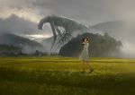  1girl black_hair commentary day dress field highres long_hair looking_at_viewer monster mountainous_horizon original outdoors overcast shoes socks solo torii tree walking white_dress white_legwear wind yoshida_seiji 