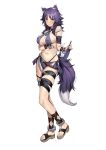  aki_makoto animal_ear_fluff animal_ears arm_under_breasts bikini breasts highres hiyashi_yaki large_breasts long_hair looking_at_viewer princess_connect! princess_connect!_re:dive purple_bikini purple_hair sandals shirt swimsuit t-shirt tail thigh_strap wet wet_clothes wet_shirt wolf_ears wolf_girl wolf_tail yellow_eyes 