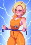  1girl android_18 blonde_hair blue_eyes blush breasts cleavage closed_mouth cosplay dragon_ball dragon_ball_z earrings jewelry kajin_(kajinman) looking_at_viewer short_hair solo 