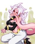  1girl android_21 black_sclera breasts cleavage commentary_request covered_nipples detached_sleeves dragon_ball dragon_ball_fighterz earrings graphite_(medium) jewelry long_hair looking_at_viewer millipen_(medium) nail_polish navel onnaski pink_skin pointy_ears red_eyes solo tail traditional_media 