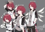  1girl arknights dog_tags earbuds earphones english_text exusiai_(arknights) fingerless_gloves gloves grin hair_over_one_eye halo hand_behind_head hand_in_pocket highres kataokasan multiple_views name_tag one_eye_closed petting red_hair short_hair smile wings 