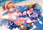  2girls assault_rifle bangs beach bikini black_hair blonde_hair blue_bikini blue_eyes breasts brown_eyes bullpup cleavage cup day drinking_glass gun hat highres koh_(minagi_kou) large_breasts looking_at_viewer lying mole mole_under_eye mole_under_mouth multiple_girls on_stomach open_mouth original outdoors outstretched_arm rifle self_shot short_hair short_ponytail sitting steyr_aug swimsuit water weapon white_bikini 