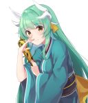  1girl absurdres blush breasts dragon_horns fan fate/grand_order fate_(series) green_hair highres holding holding_fan horns japanese_clothes kimono kiyohime_(fate/grand_order) long_hair medium_breasts sash sidelocks simple_background smile solo very_long_hair white_background yellow_eyes z_loader 