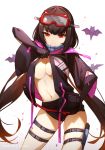  1girl bat black_gloves black_hair black_jacket black_shorts breasts cleavage elbow_gloves faicha fate/grand_order fate_(series) gloves goggles goggles_on_head holster jacket large_breasts leg_holster long_hair navel open_clothes osakabe-hime_(fate/grand_order) red_eyes shorts simple_background ski_goggles smile solo twintails undressing very_long_hair 