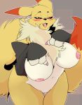  3_fingers anthro big_breasts black_sclera blush breasts digimon digimon_(species) female finger_claws fingers fluffy fluffy_tail fur hi_res huge_breasts looking_at_viewer neck_tuft nipples open_mouth orange_eyes pussy renamon solo standing thigh_gap tongue tongue_out tuft voluptuous weskers wide_hips yellow_fur 