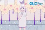  1girl air_bubble bangs blue_eyes blush breast_pocket brown_flower bubble commentary_request cup disposable_cup dress drink drinking drinking_straw hair_ribbon holding holding_cup juu_ame looking_at_viewer original pocket pot purple_ribbon ribbon short_hair short_sleeves silver_hair solo standing white_dress 