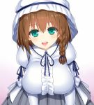  1girl asamura_hiori bangs braid breasts brown_hair charlotte_corday_(fate/grand_order) eyebrows_visible_through_hair fate/grand_order fate_(series) green_eyes highres large_breasts looking_at_viewer smile solo 