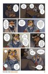  2017 bovid bovine canid canine cattle clothed clothing comic dialogue facial_hair felid fox hi_res horn kimmykun male mammal pantherine purple_eyes scarf table tiger 