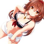  1girl ahoge bikini black_bikini blush breasts brown_eyes brown_hair cleavage closed_mouth collarbone dd_(ijigendd) dutch_angle from_above hair_flaps hairband hand_on_hip hand_on_thigh highres kantai_collection large_breasts long_hair looking_at_viewer navel open_fly red_hairband shiny shiny_hair shiratsuyu_(kantai_collection) shorts smile solo swimsuit two-tone_bikini white_bikini white_shorts white_wristband 