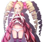  1girl absurdres ass_visible_through_thighs beatrice_(re:zero) blonde_hair blue_eyes blush crown dress drill_hair hair_ribbon hand_up highres huge_filesize long_hair looking_at_viewer mini_crown navel panties pantyhose pantyhose_pull papion polka_dot polka_dot_panties purple_legwear re:zero_kara_hajimeru_isekai_seikatsu red_dress ribbon shadow short_sleeves simple_background solo striped striped_legwear symbol-shaped_pupils twin_drills twintails underwear white_background white_panties 