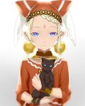  1girl blonde_hair blue_eyes blurry bracer braid breasts cat cop_craft:_dragnet_mirage_reloaded elf facial_mark forehead_mark hair_ornament headpiece holding holding_cat kuroi_(dragnet) long_hair looking_at_viewer low_twintails pointy_ears red_headwear simple_background small_breasts smile solo standing tilarna_exedilika ts-ix twintails upper_body white_background 