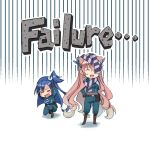  2girls aqua_eyes belt black_gloves blue_eyes chibi english_text gloves kazanari_tsubasa maria_cadenzavna_eve multiple_girls pink_hair scarf_on_head senki_zesshou_symphogear side_ponytail striped striped_neckwear ueyasu uniform 