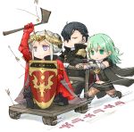  1boy 2girls armor arrow axe black_hair byleth_(fire_emblem) byleth_(fire_emblem)_(female) cart double_bun edelgard_von_hresvelg fire_emblem fire_emblem:_three_houses green_hair hair_over_one_eye hubert_von_vestra medium_hair multiple_girls red_armor robaco running shield silver_hair simple_background speed_lines tiara 