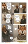  2018 bovid canid canine caprine clothing comic crossed_arms dialogue facial_hair fox green_eyes hi_res kimmykun mammal necktie orange_eyes scarf suit 