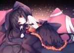  1girl bare_shoulders black_bow black_dress black_hair black_legwear bow breasts commentary_request dress eyebrows_visible_through_hair frills kurumi_mashiro long_hair looking_at_viewer lying on_side orange_dress original pantyhose pillow red_eyes small_breasts solo star wristband 
