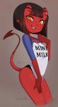  1girl 2018 :3 artist_name bangs black_hair blunt_bangs bob_cut bracket breasts child clothes_writing commentary cowboy_shot cropped_legs demon_girl demon_tail english_commentary eyebrows_visible_through_hair freckles grey_background grin hand_up highres looking_at_viewer mega_milk meme_attire meruccubus_(merunyaa) merunyaa mole mole_under_eye oni_horns orange_eyes original parted_lips patreon_username pixiv_username pointy_ears raglan_sleeves red_skin shirt short_hair signature simple_background small_breasts smile smirk solo succubus t-shirt tail watermark 