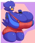  2019 anthro avian beak between_breasts big_breasts bird breast_squish breasts busty_bird cleavage clothed clothing corvid corvus_(genus) crow female hi_res huge_breasts hyper hyper_breasts jaeh nintendo nintendo_switch non-mammal_breasts overalls smile solo squish thick_thighs video_games wide_hips yellow_beak 