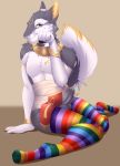  balls blackbatwolf choker clothing erection hi_res jewelry king_manu legwear male necklace penis pose sergal solo stockings three_tone_fur 