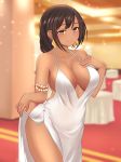  1girl armlet azur_lane backless_outfit bare_shoulders black_hair blurry blurry_background breasts brown_eyes dark_skin dining_room dress earrings english_commentary highres jewelry jifuwabe large_breasts long_hair native_american smile solo south_dakota_(azur_lane) south_dakota_(solo_concert)_(azur_lane) tan white_dress 