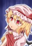  1girl :o blonde_hair blue_background commentary_request cravat eyebrows_visible_through_hair flandre_scarlet frilled_shirt_collar frills hair_between_eyes hat hat_ribbon head_tilt highres looking_to_the_side looking_up mob_cap outline pink_headwear pink_shirt puffy_short_sleeves puffy_sleeves red_eyes red_vest ribbon shirt shirt_grab short_hair short_sleeves simple_background solo sugiyama_ichirou touhou upper_body vest wings yellow_neckwear 