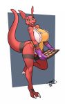  2019 anthro apron apron_only big_breasts black_sclera breasts claws clothing cookie digimon digimon_(species) digital_media_(artwork) fangs female food freckles_(artist) guilmon hi_res holding_food holding_object mostly_nude on_one_leg open_mouth open_smile oven_mitts signature smile solo standing toe_claws yellow_eyes 